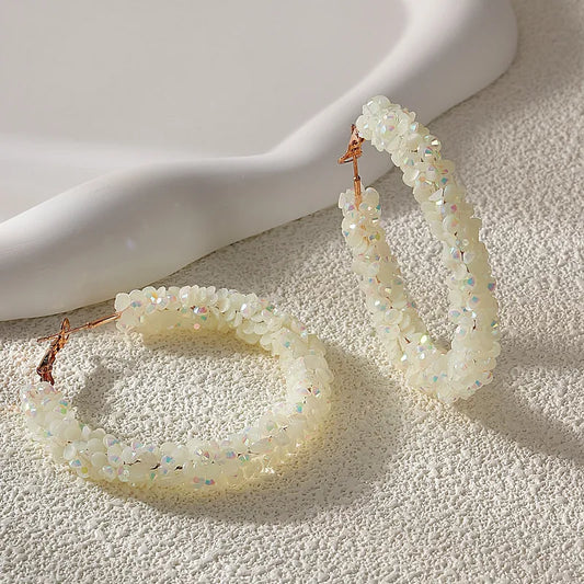White Flowers Hoop Earrings