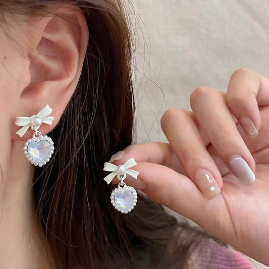 White Bow Heart Earring