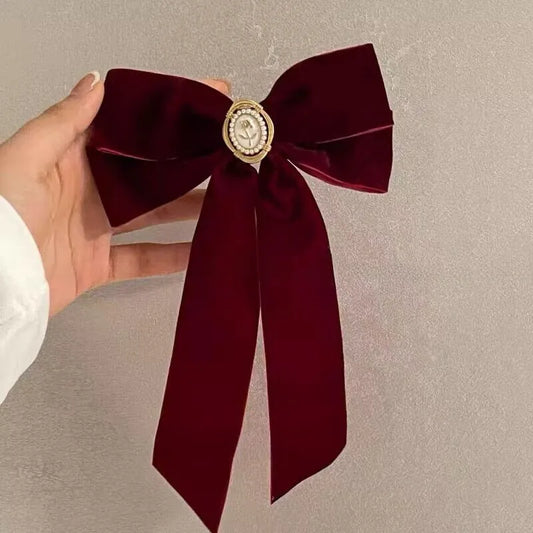 Wine Velvet Rose Bow Hairpin