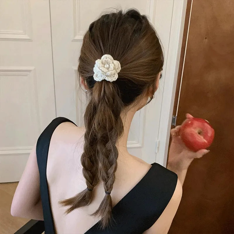 Beige Yarn Flower Hairtie