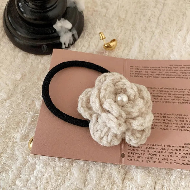 Beige Yarn Flower Hairtie