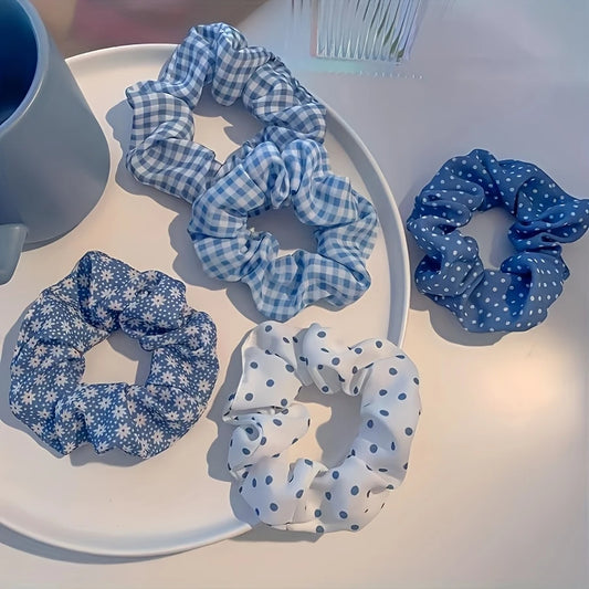 Blue Mixed Pattern Scrunchies