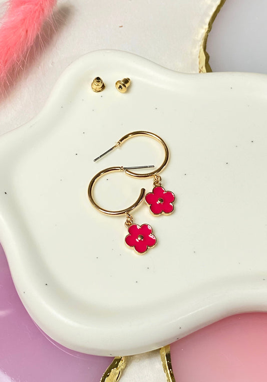 Pink Daisy Hoop Earrings