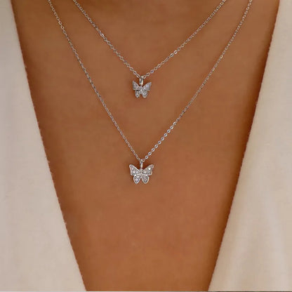 Silver Butterfly Double Layer Necklace