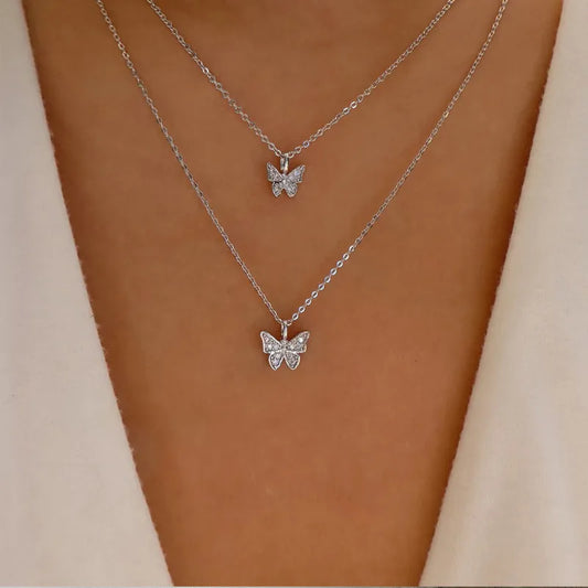 Silver Butterfly Double Layer Necklace