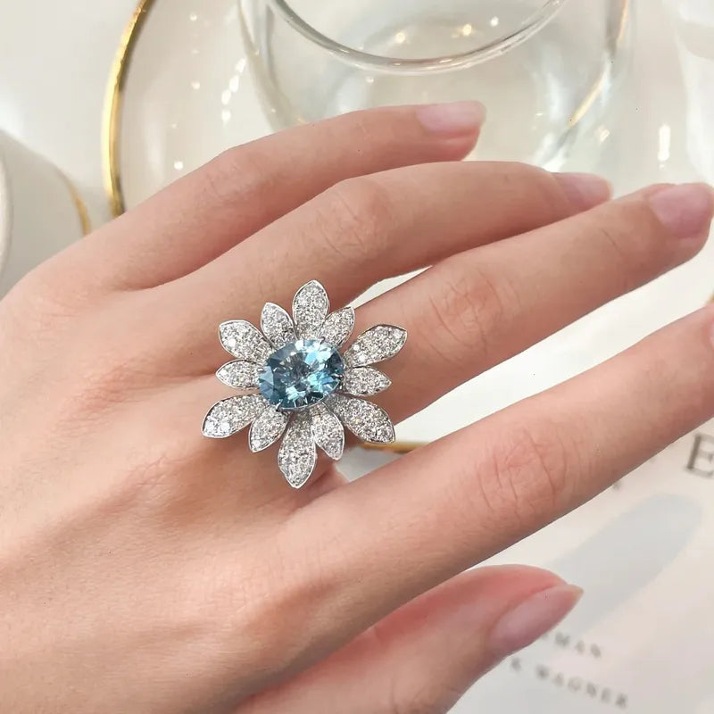 Blue Mirage Flower Open Ring